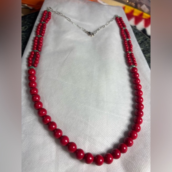 Hand crafted necklace red howlite turquoise beads gem duos stainless steel 28 in - Picture 3 of 7